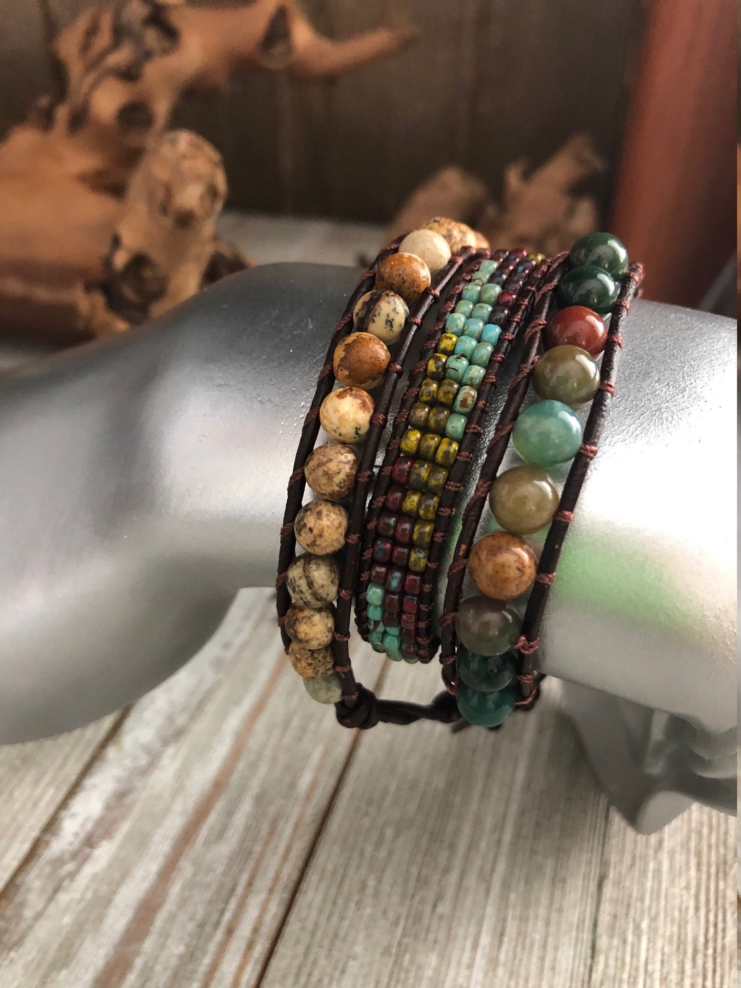 Indian Agate 3 wrap leather bracelet,  Boho wrap bracelet, Yoga meditation bracelet, Bohemian Bracelet