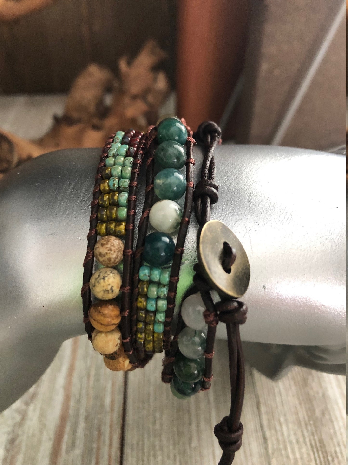 Indian Agate 3 wrap leather bracelet,  Boho wrap bracelet, Yoga meditation bracelet, Bohemian Bracelet