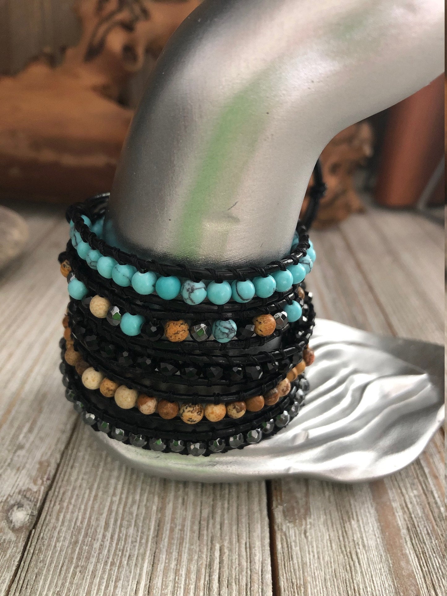 Five wrap leather bracelet, Turquoise Semi Precious Stone,  Boho wrap bracelet, Yoga meditation bracelet, Bohemian Bracelet