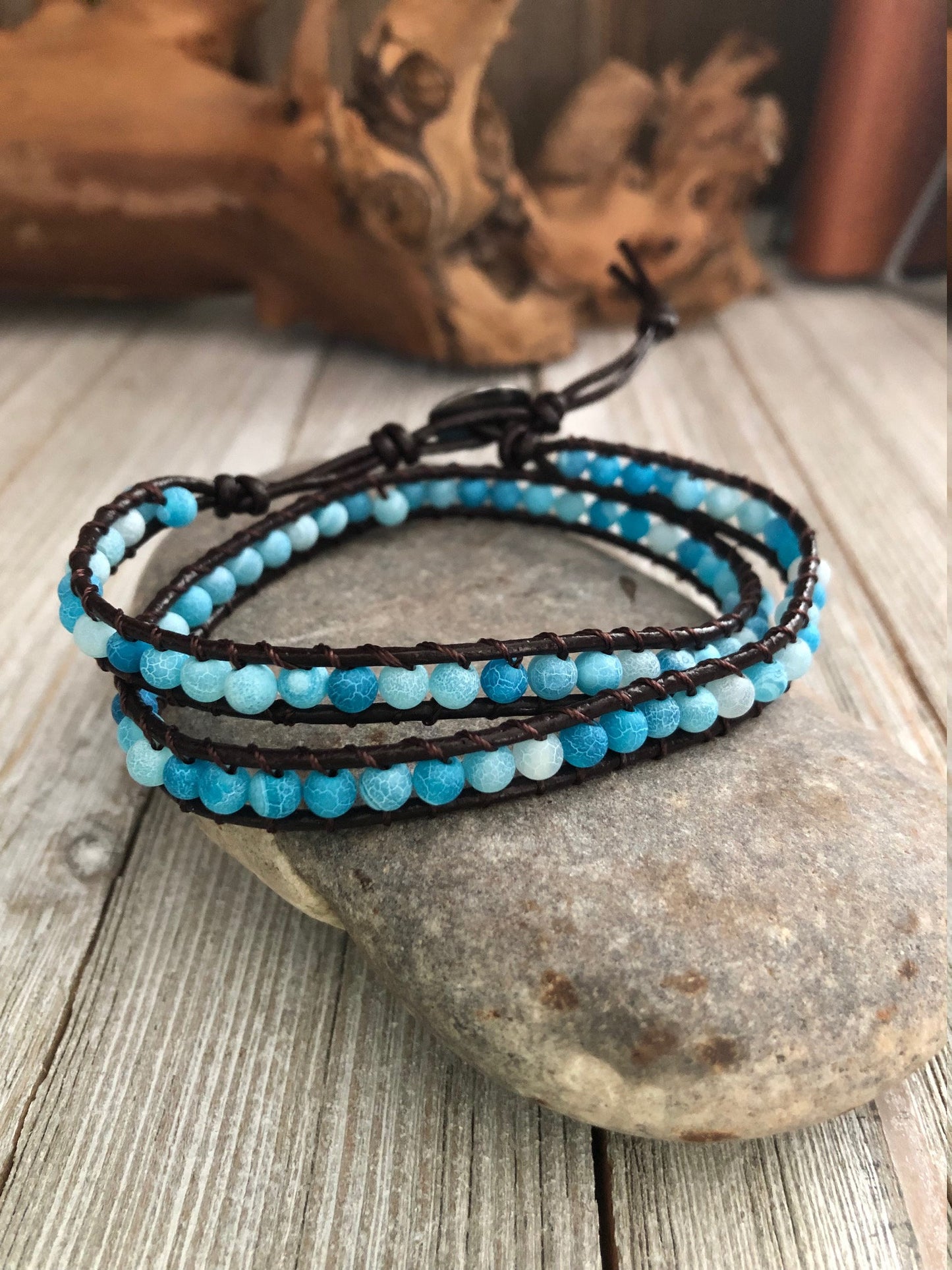 Double wrap blue pumice lava stone  Boho wrap bracelet, Yoga meditation bracelet, Bohemian Bracelet