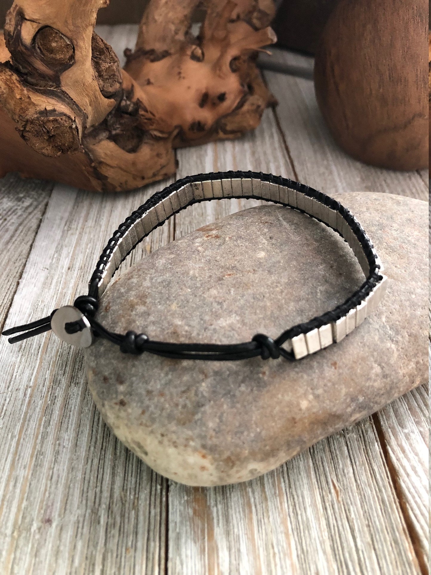 White Hematite Leather Bracelets, Healing property crystals, Boho bracelet, Good Luck bracelet, Mandala bracelet, Meditation bracelet