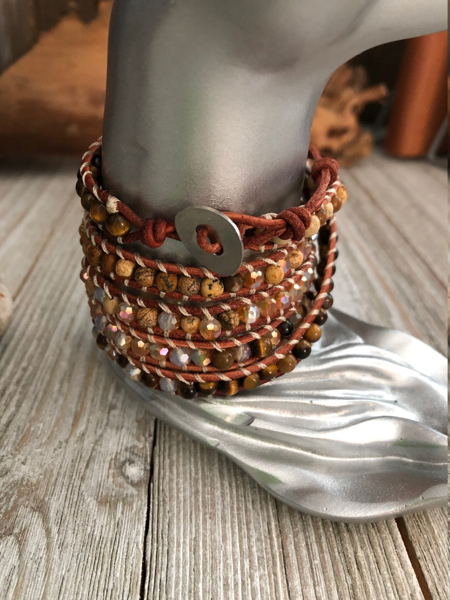 Tigers Eye semi precious stones 5 wrap leather Bracelet, Boho wrap leather bracelet, Good Luck bracelet, Bohemian Bracelet