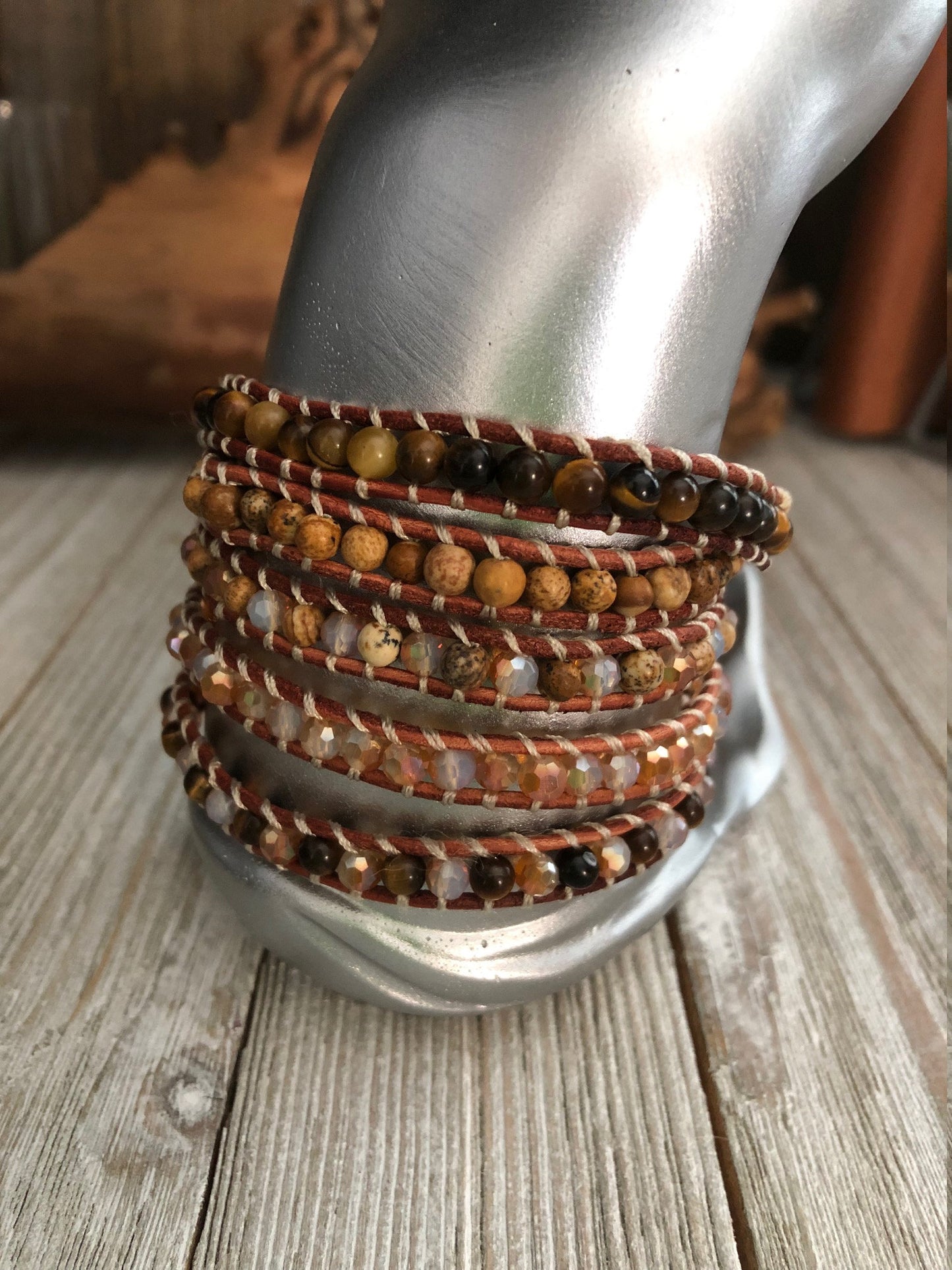 Tigers Eye semi precious stones 5 wrap leather Bracelet, Boho wrap leather bracelet, Good Luck bracelet, Bohemian Bracelet