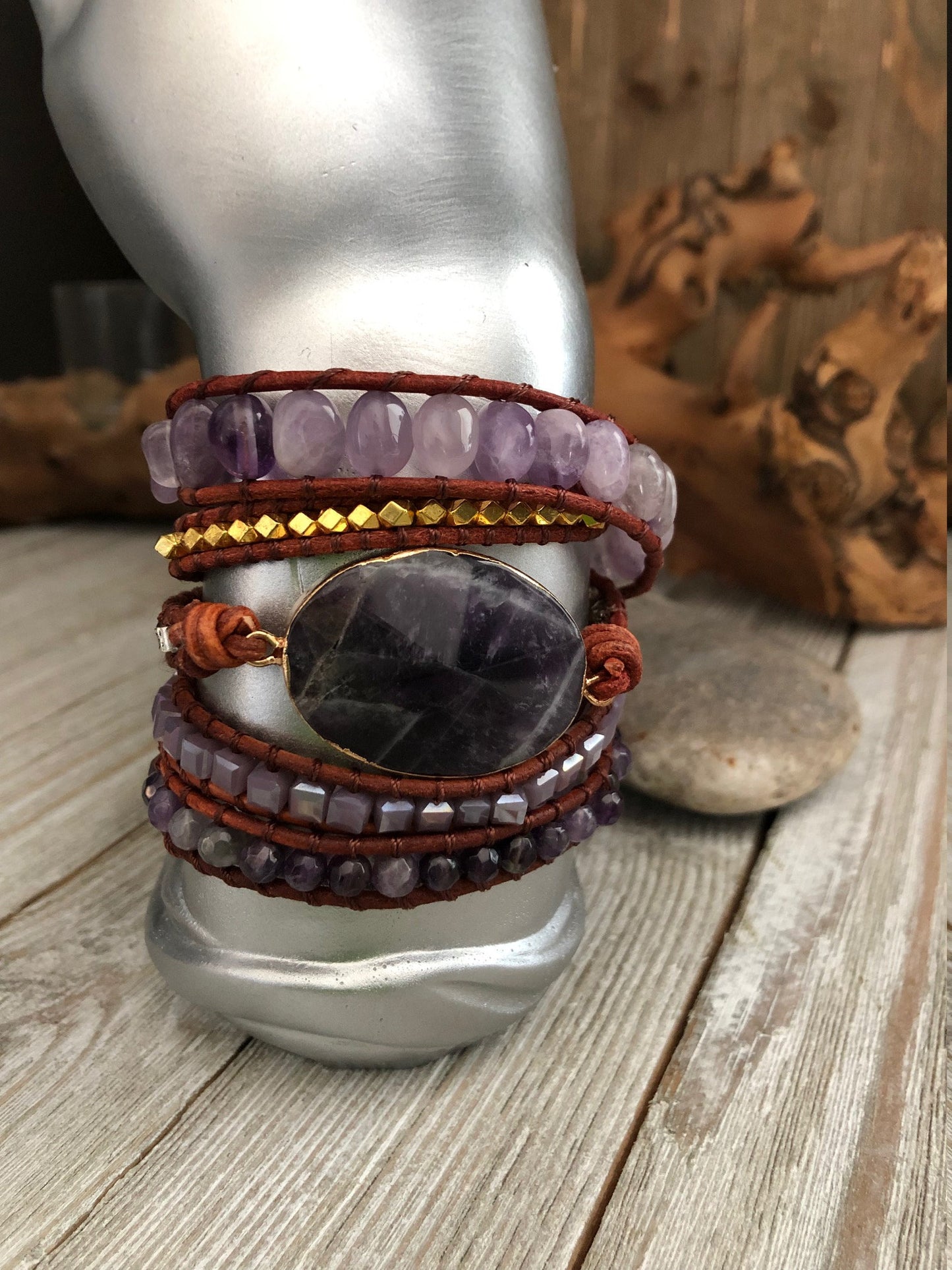 Amethyst semi precious stones 5 wrap leather Bracelet, Boho wrap leather bracelet, Good Luck bracelet, Bohemian Bracelet