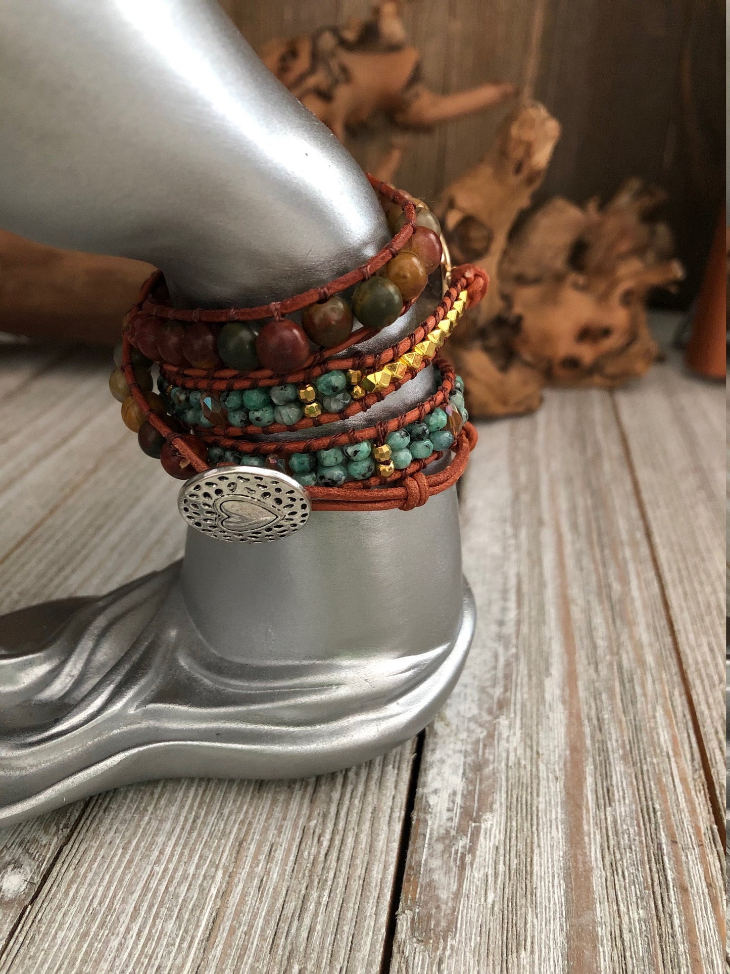 Ammonite Fossil And Mix Stones 3 wrap leather Bracelet, Boho wrap leather bracelet, Good Luck bracelet, Bohemian Bracelet