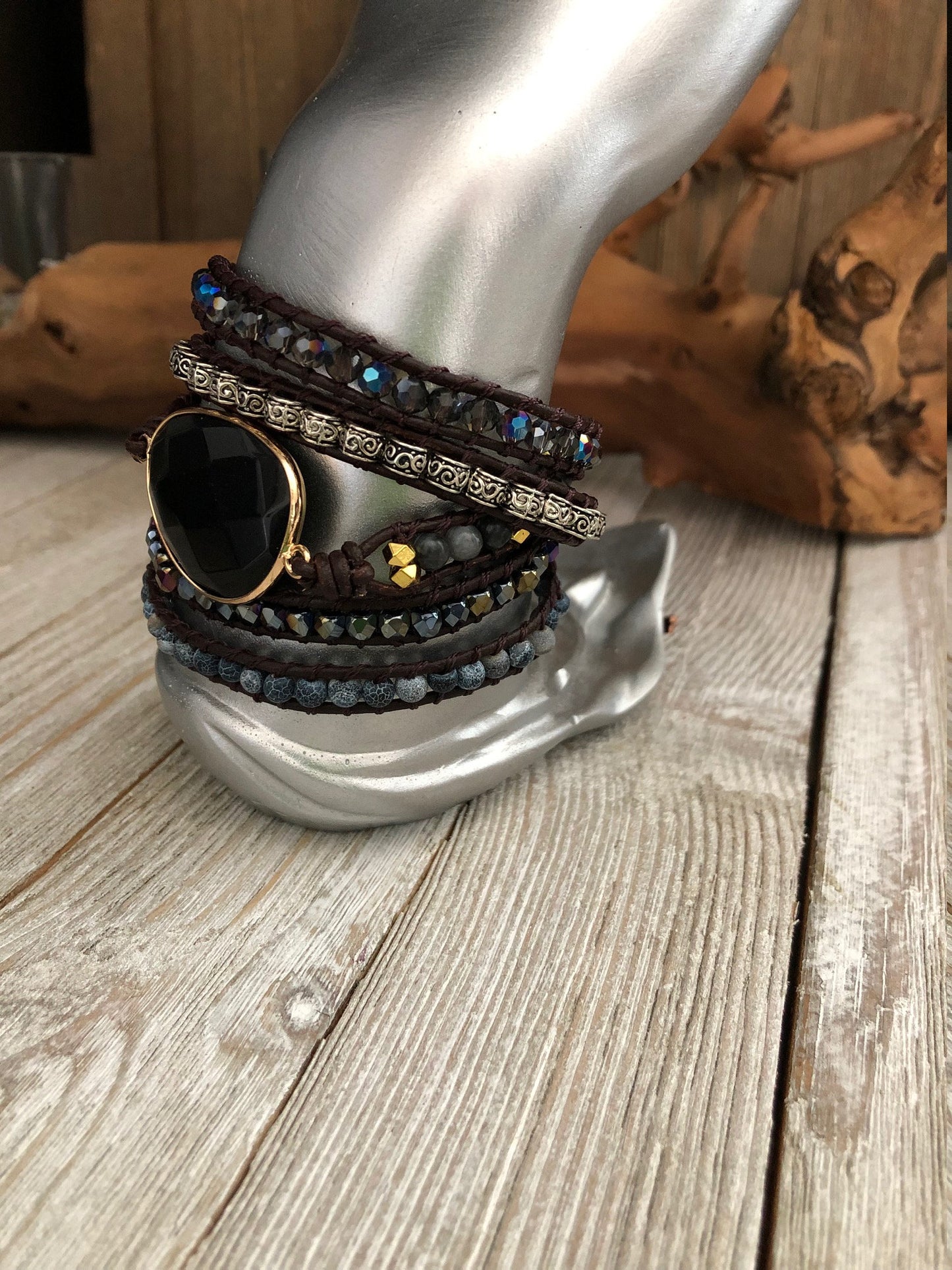 Obsidian And Mix Stones 5 wrap leather Bracelet, Boho wrap leather bracelet, Good Luck bracelet, Bohemian Bracelet