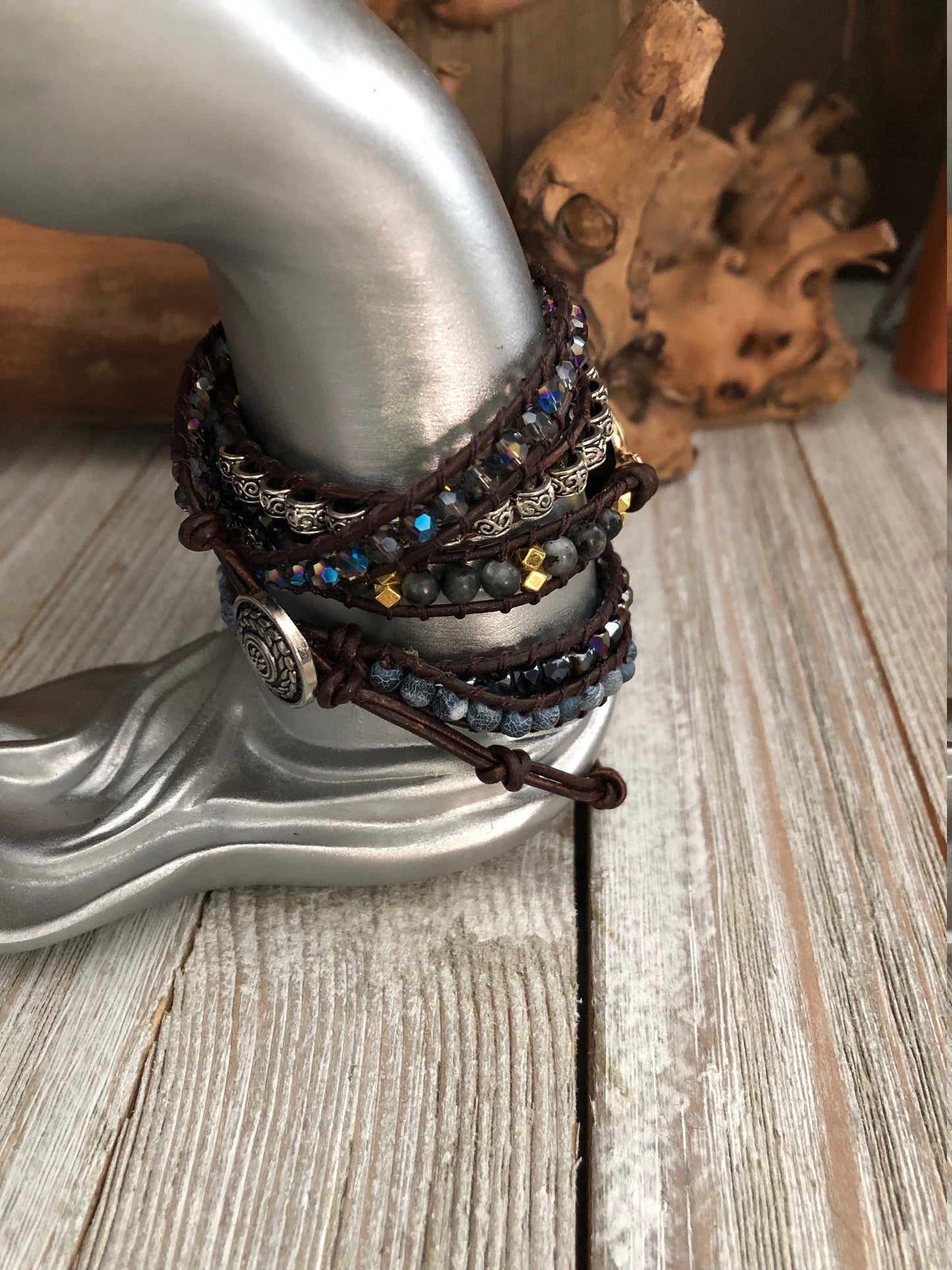 Obsidian And Mix Stones 5 wrap leather Bracelet, Boho wrap leather bracelet, Good Luck bracelet, Bohemian Bracelet