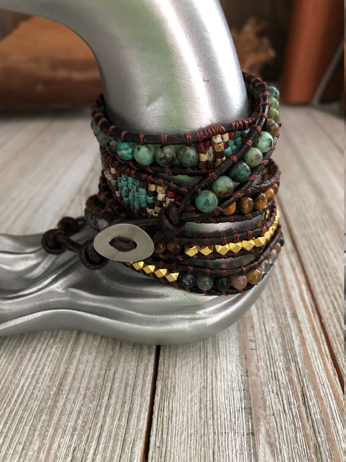 Agate semi precious stones and seed bead 5 wrap leather Bracelet, Boho wrap leather bracelet, Yoga meditation bracelet, Bohemian Bracelet