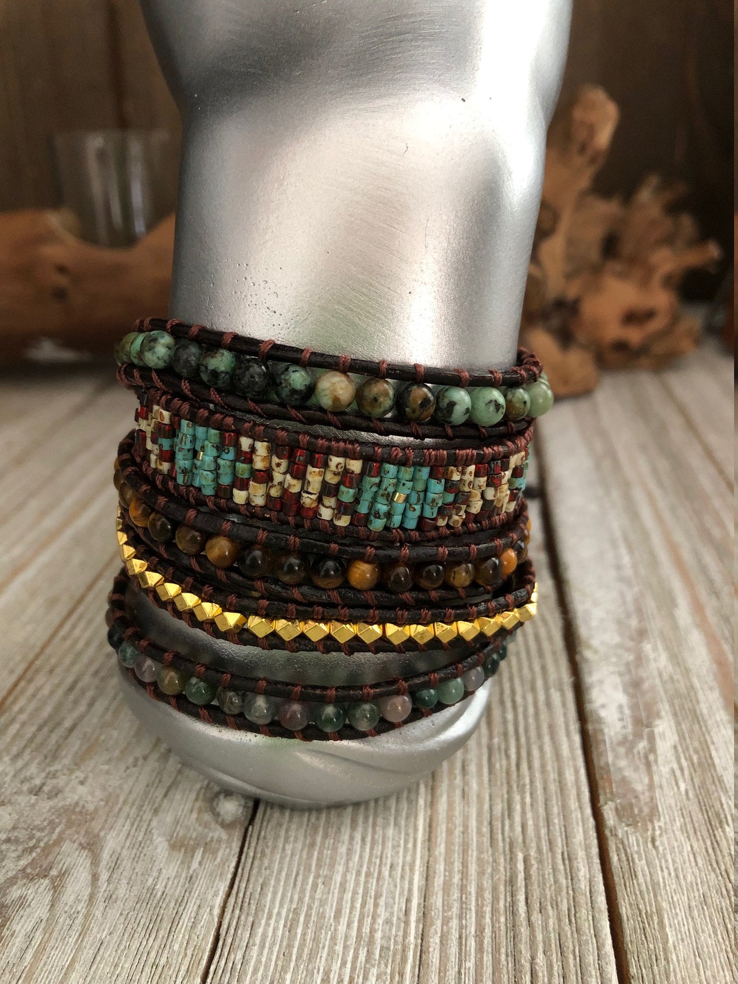 Agate semi precious stones and seed bead 5 wrap leather Bracelet, Boho wrap leather bracelet, Yoga meditation bracelet, Bohemian Bracelet