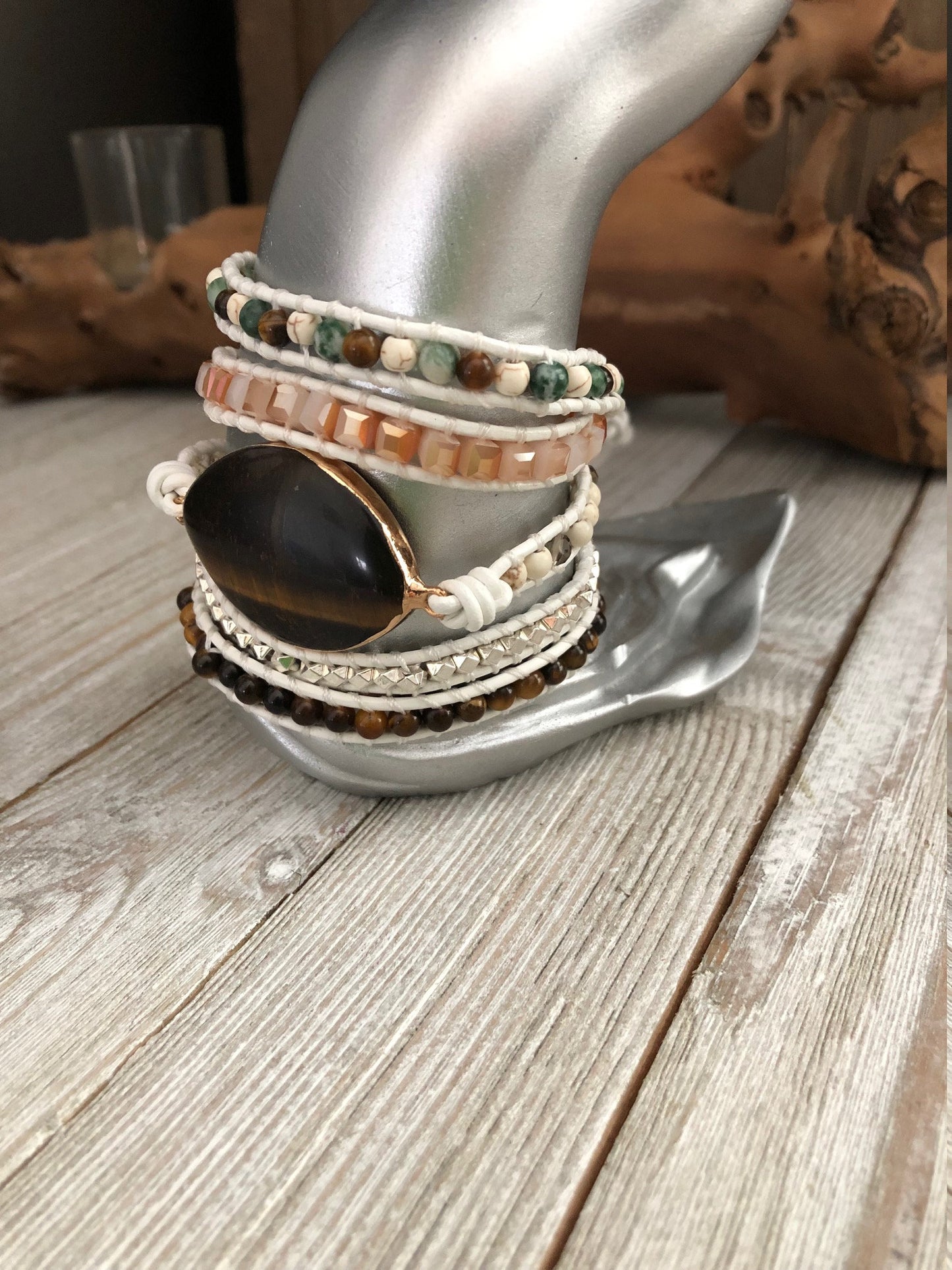 Tigers Eye semi precious stones  5 wrap leather Bracelet, Boho beaded wrap bracelet, Yoga meditation bracelet, Bohemian Bracelet