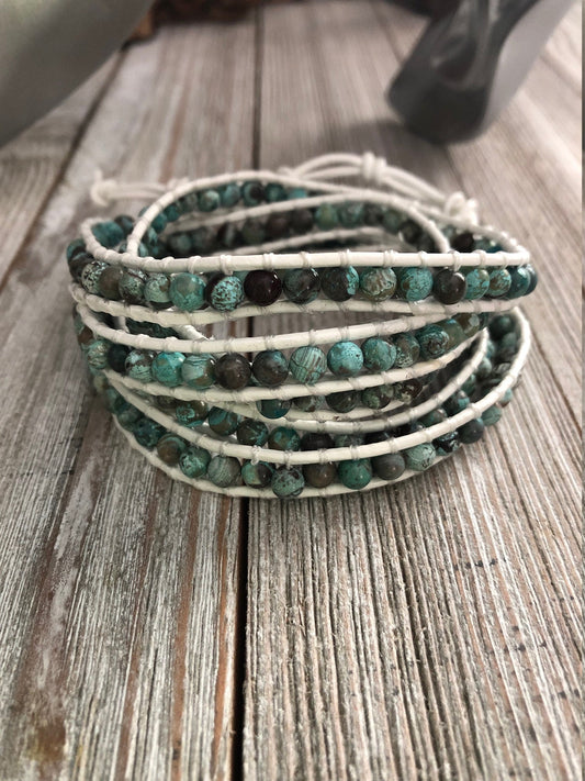 Ocean Jasper Five wrap leather bracelet,  Boho wrap bracelet, Yoga meditation bracelet, Bohemian Bracelet