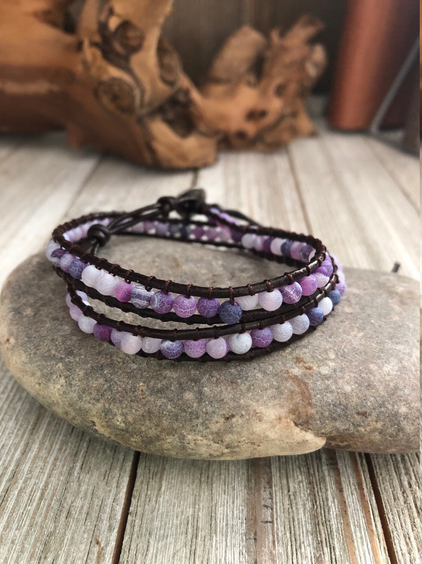 Double wrap purple pumice lava stone  Boho wrap bracelet, Yoga meditation bracelet, Bohemian Bracelet