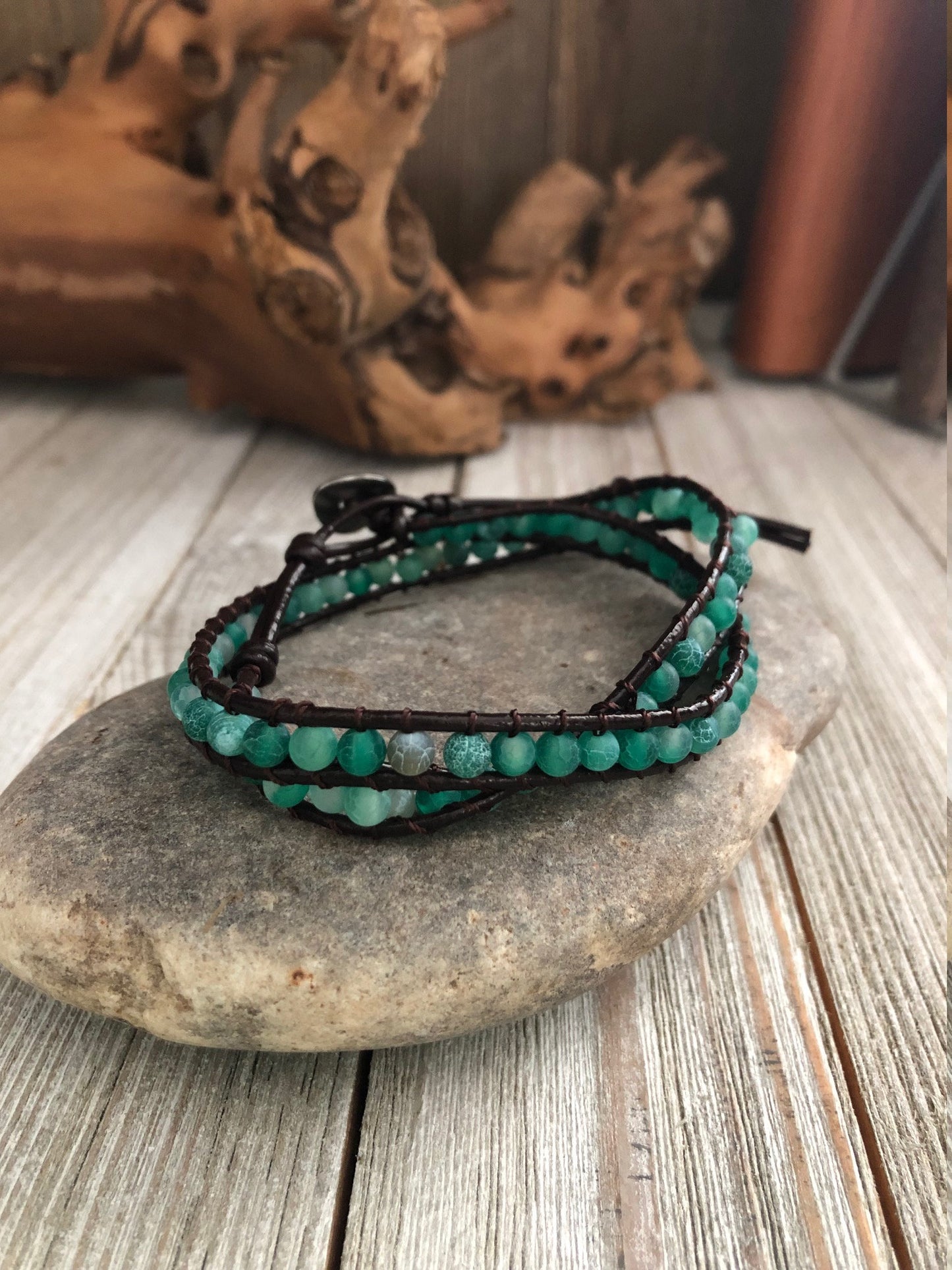 Double wrap green pumice lava stone  Boho wrap bracelet, Yoga meditation bracelet, Bohemian Bracelet