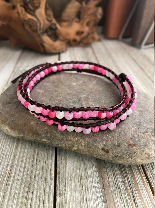 Double wrap pink pumice lava stone  Boho wrap bracelet, Yoga meditation bracelet, Bohemian Bracelet