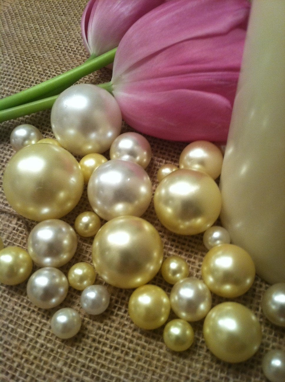 Elegant Floating Jumbo Pearls, Vase Filler Jumbo Pearls Ivory/Light Yellow Mix Size For Wedding, Birthday, Shower Table Decors