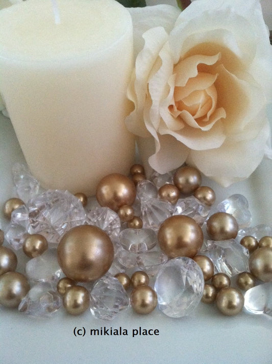 80pcs Champagne Jumbo pearls, jumbo acrylic diamonds, ice nuggets, hearts in mix sizes for confetti, vase fillers and candle plate decors