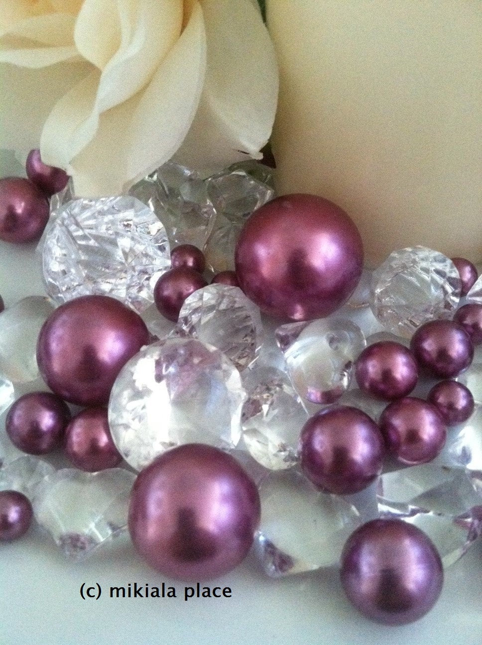 80pcs Purple Jumbo pearls and diamonds, ice nuggets, hearts in mix sizes for confetti, vase fillers and candle plate decors