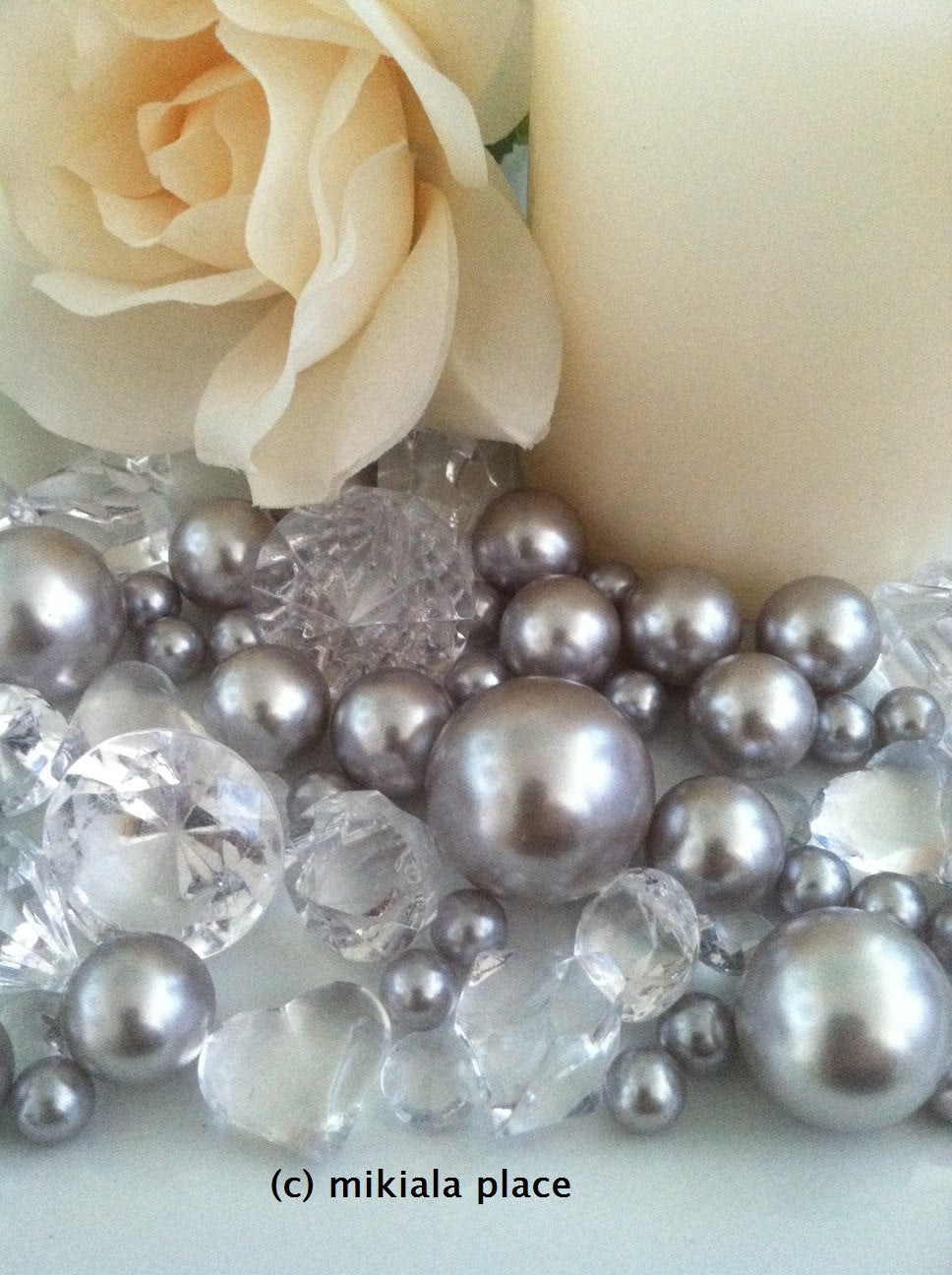 80pcs Silver Jumbo pearls and diamonds, ice nuggets, hearts in mix sizes for confetti, vase fillers and candle plate decors