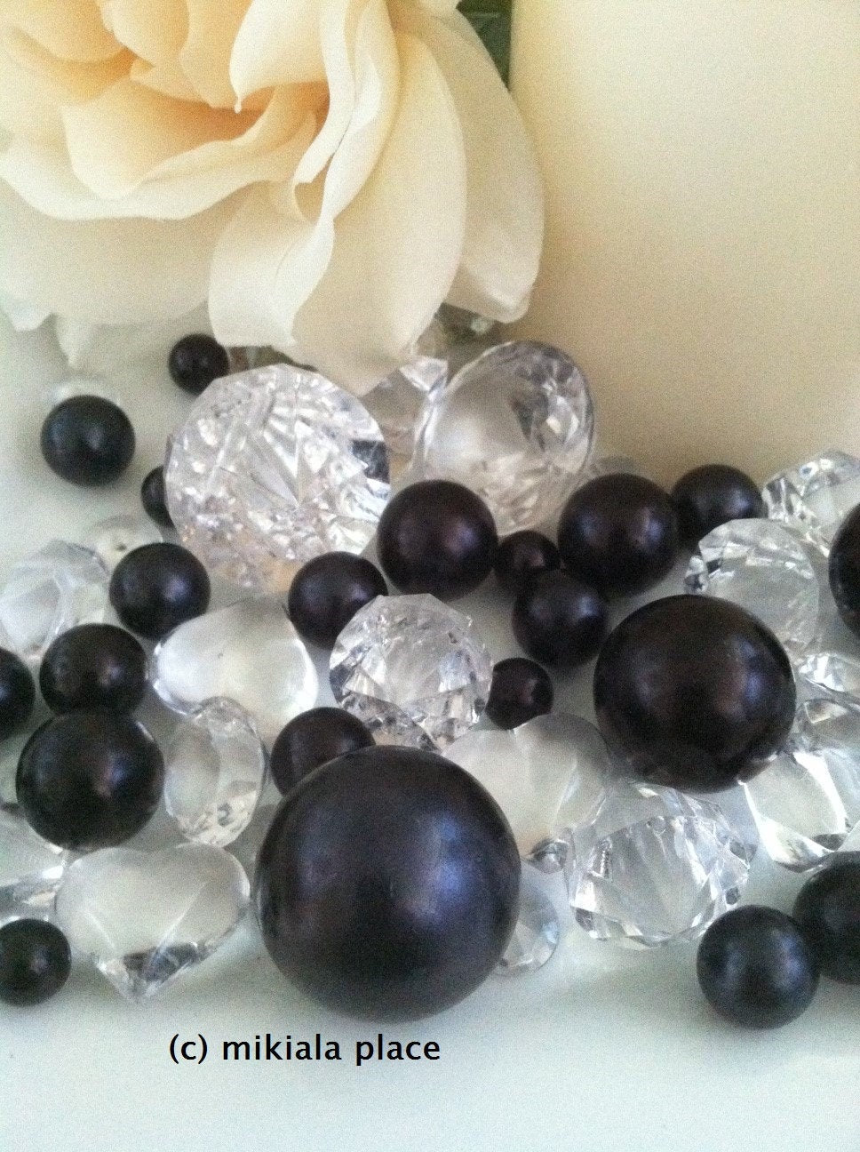 80pcs Black Jumbo pearls and diamonds, ice nuggets, hearts in mix sizes for confetti, vase fillers and candle plate decors