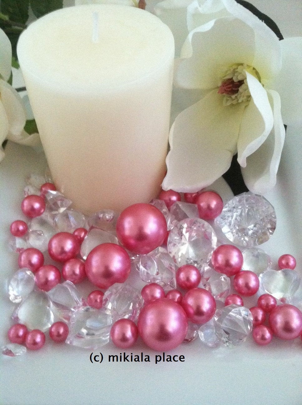 80pcs Hot Pink Jumbo pearls and diamonds, ice nuggets, hearts in mix sizes for confetti, vase fillers and candle plate decors