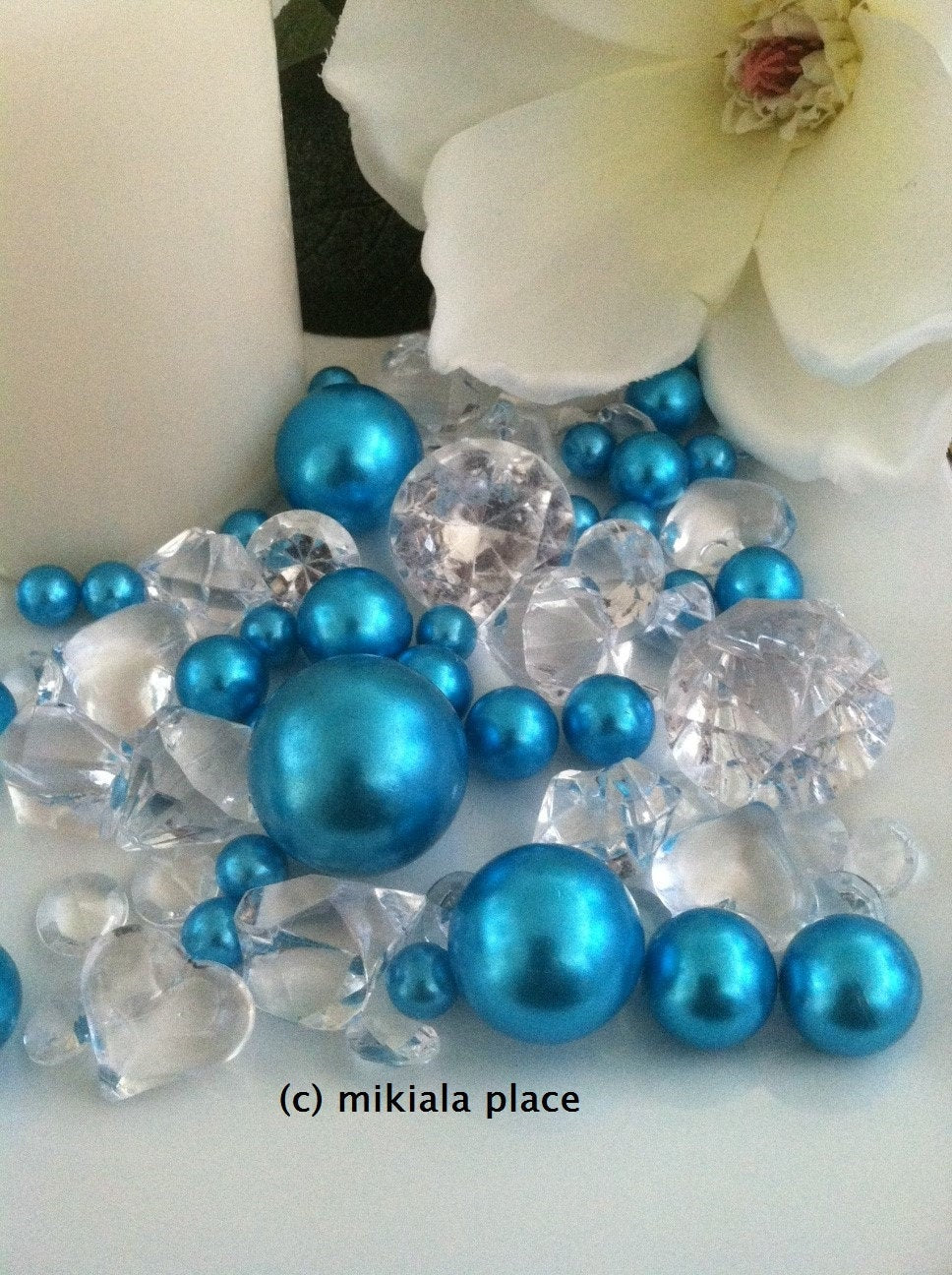 80pcs Teal Blue Jumbo pearls and diamonds, ice nuggets, hearts in mix sizes for confetti, vase fillers and candle plate decors