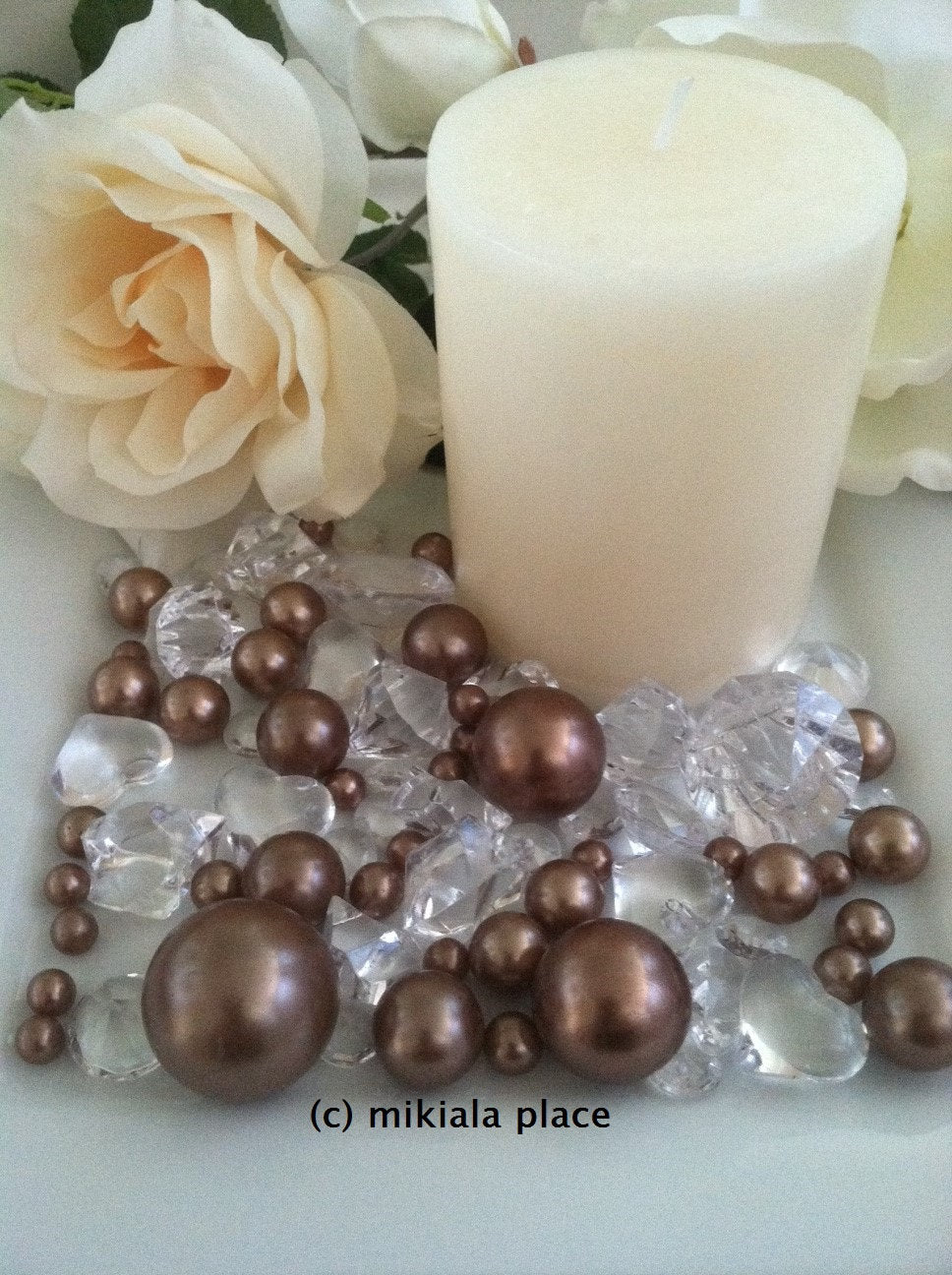 80pcs Light Brown Jumbo pearls and diamonds, ice nuggets, hearts in mix sizes for confetti, vase fillers and candle plate decors