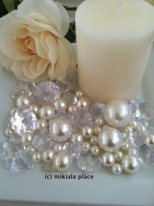 80pcs Ivory Jumbo pearls and diamonds, ice nuggets, hearts in mix sizes for confetti, vase fillers and candle plate decors