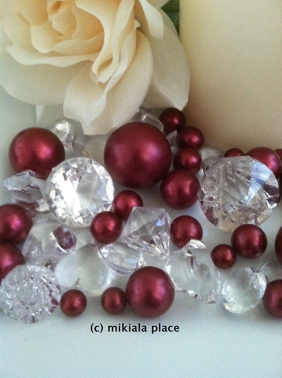 80pcs Cranberry Red Jumbo pearls and diamonds, ice nuggets, hearts in mix sizes for confetti, vase fillers and candle plate decors