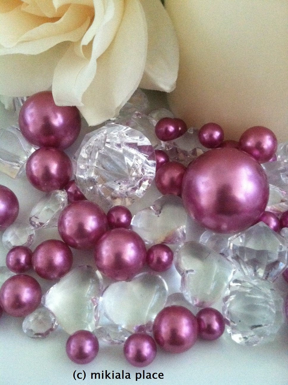 80pcs Orchid Purple Jumbo pearls and diamonds, ice nuggets, hearts in mix sizes for confetti, vase fillers and candle plate decors