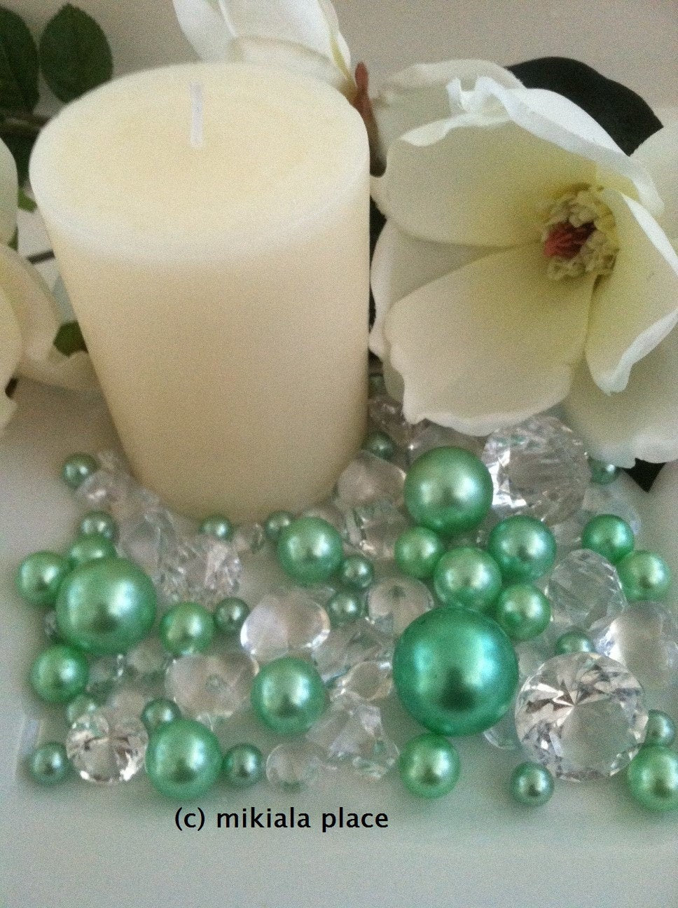 80pcs Seafoam-Mint Green Jumbo pearls and diamonds, ice nuggets, hearts in mix sizes for confetti, vase fillers and candle plate decors