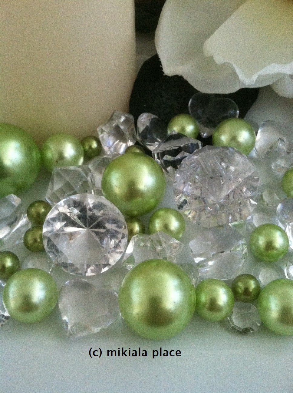 80pcs Lime Green Jumbo pearls and diamonds, ice nuggets, hearts in mix sizes for confetti, vase fillers and candle plate decors