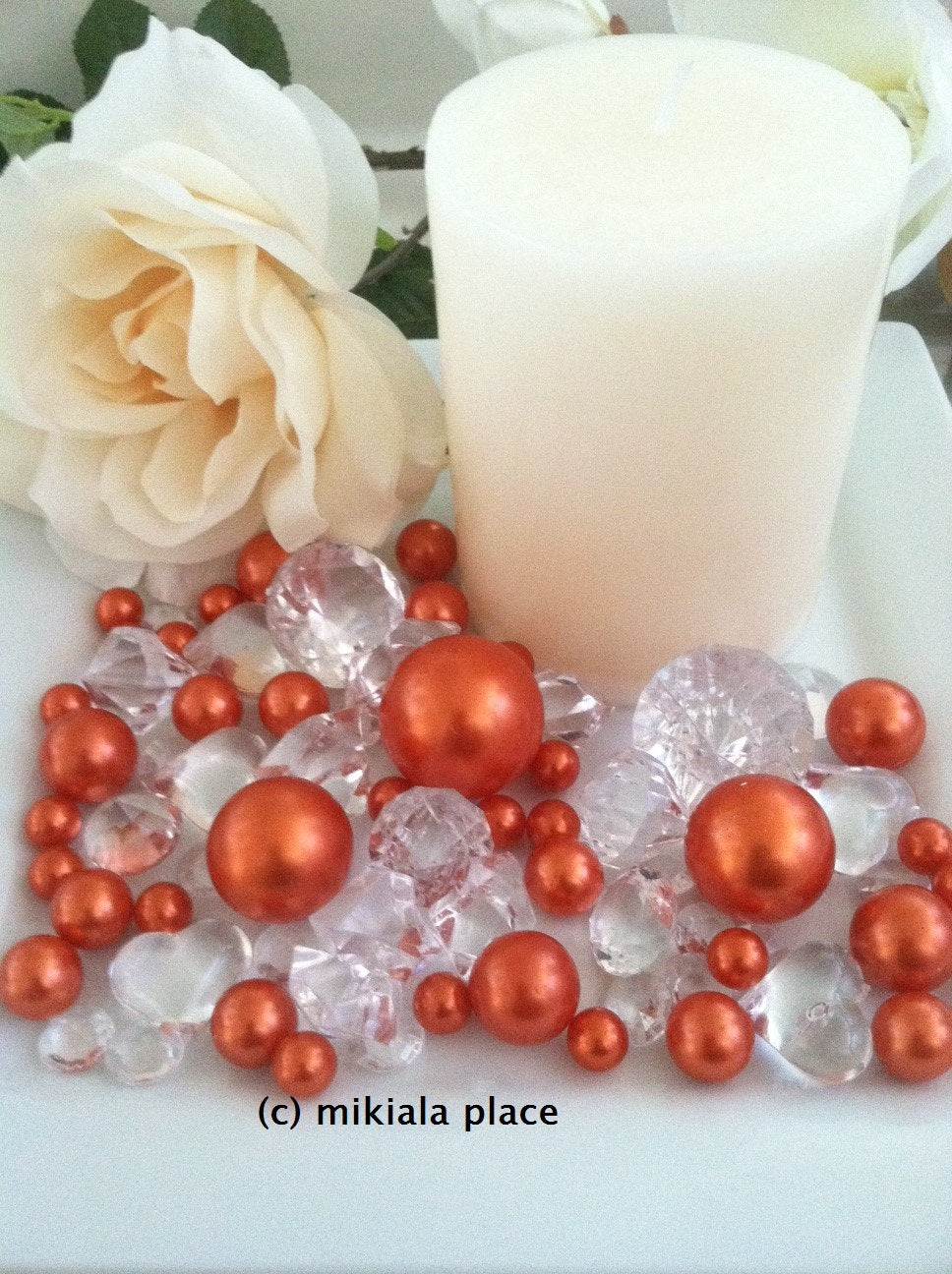 80pcs Coral Orange Jumbo pearls and diamonds, ice nuggets, hearts in mix sizes for confetti, vase fillers and candle plate decors