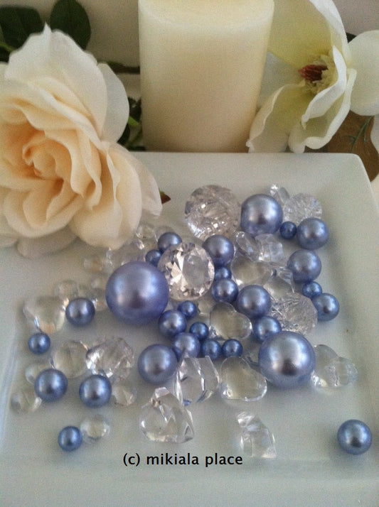 80pcs Light Blue-Purple Blend Jumbo pearls and diamonds, ice nuggets, hearts in mix sizes for confetti, vase fillers and candle plate decors