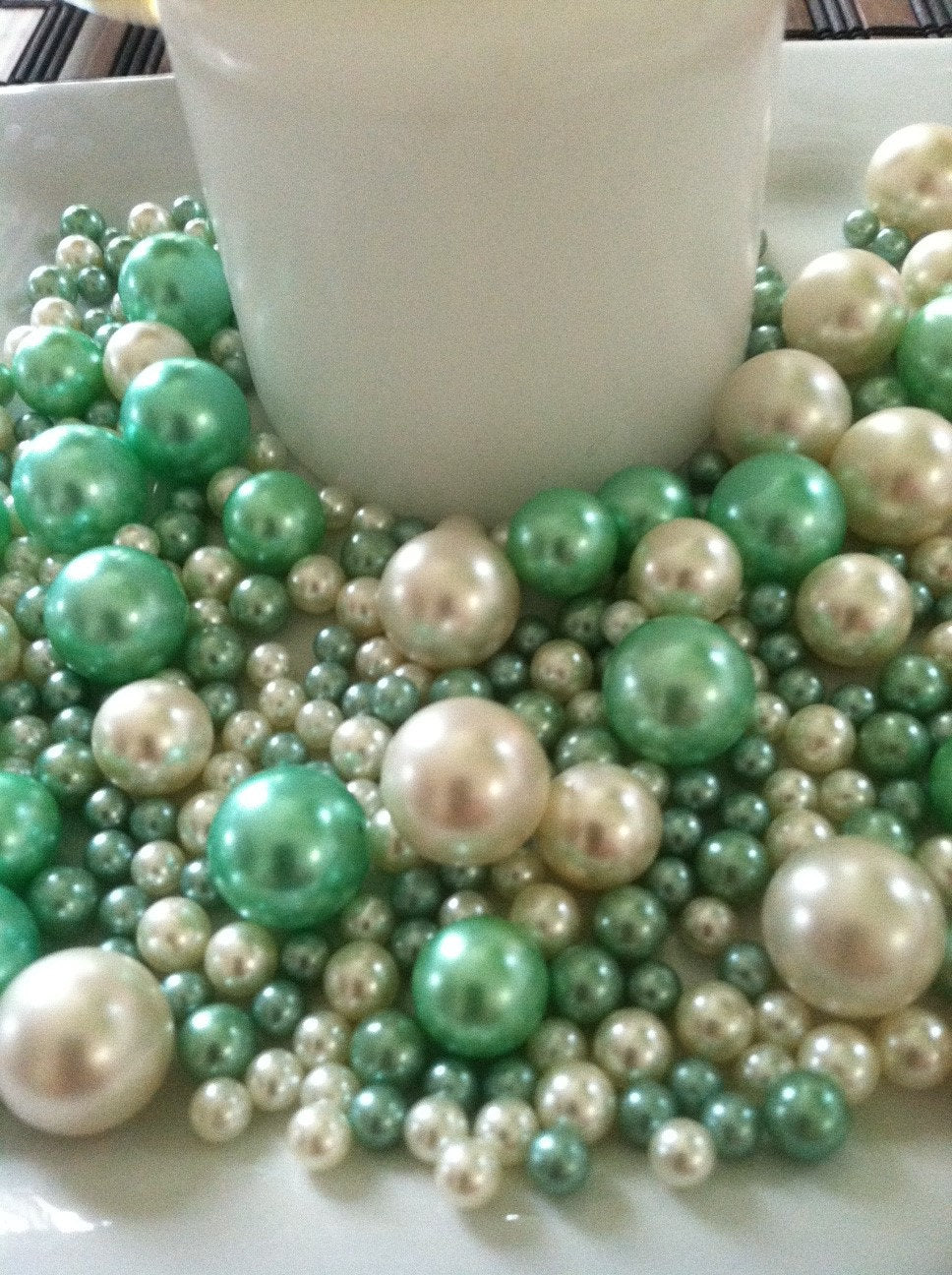 375 Pcs Ivory/Seafoam Green Beads No Holes (Mix 18mm, 14mm, 8mm, 6mm) For Vase Fillers, Centerpieces