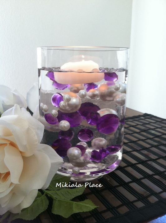 DIY 50pc Floating Jumbo Diamond & Jumbo Pearl Vase Fillers Assorted Size Purple Diamond, Ivory Pearl Mixes