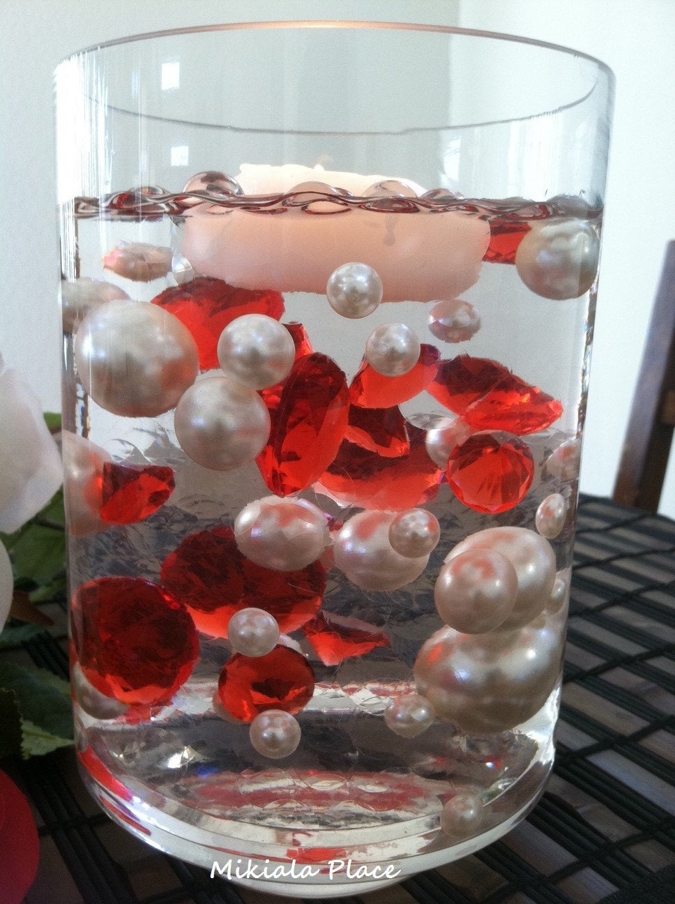 DIY 50pc Floating Jumbo Diamond & Jumbo Pearl Vase Fillers Assorted Size Red Diamond, Ivory Pearl Mixes