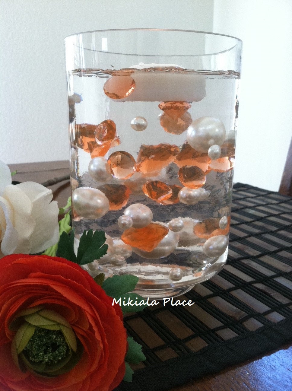 DIY 50pc Floating Jumbo Diamond & Jumbo Pearl Vase Fillers Assorted Size Light Orange Diamond, Ivory Pearl Mixes