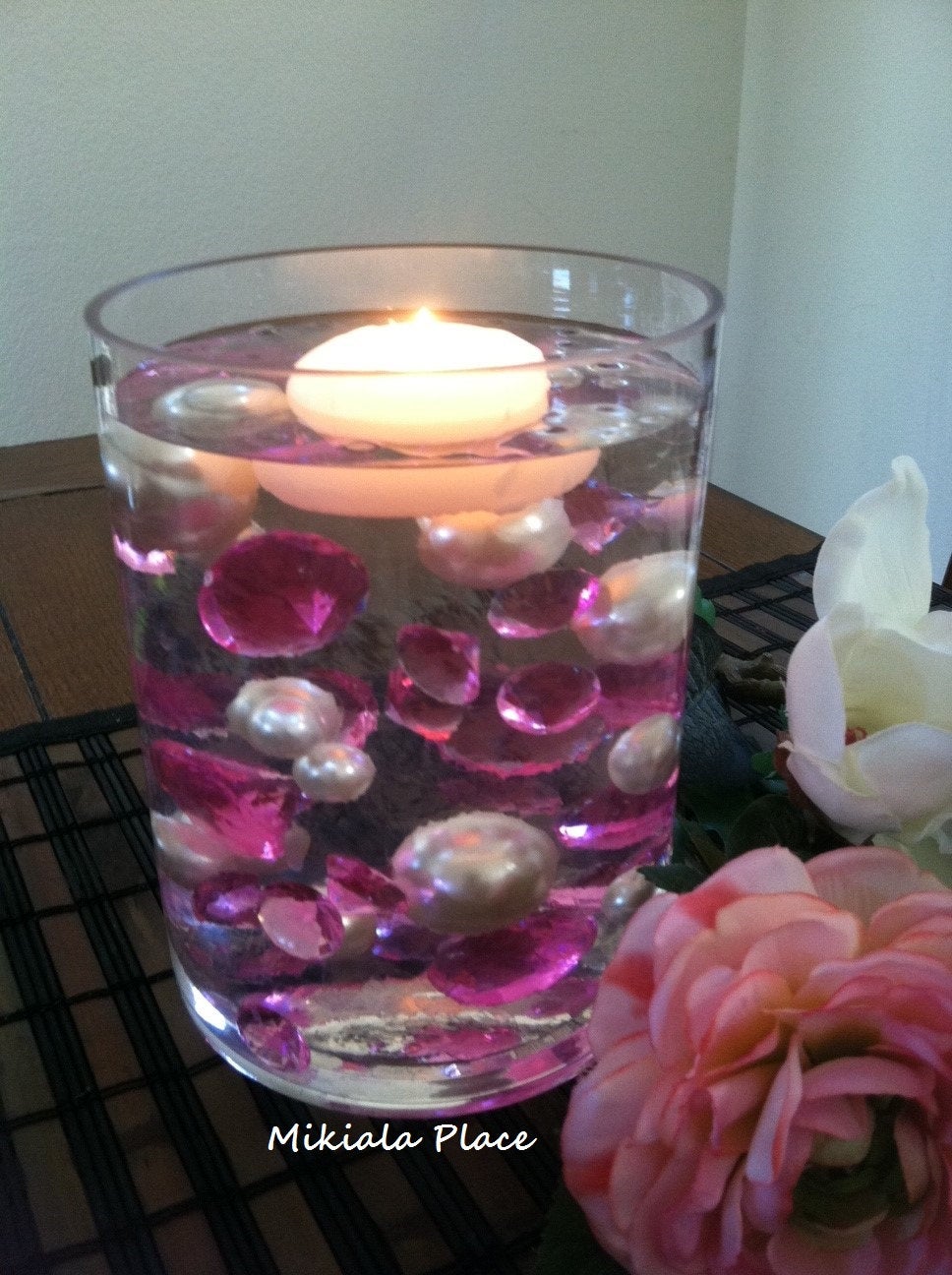 DIY 50pc Floating Jumbo Diamond & Jumbo Pearl Vase Fillers Assorted Size Hot Pink Diamond, Ivory Pearl Mixes