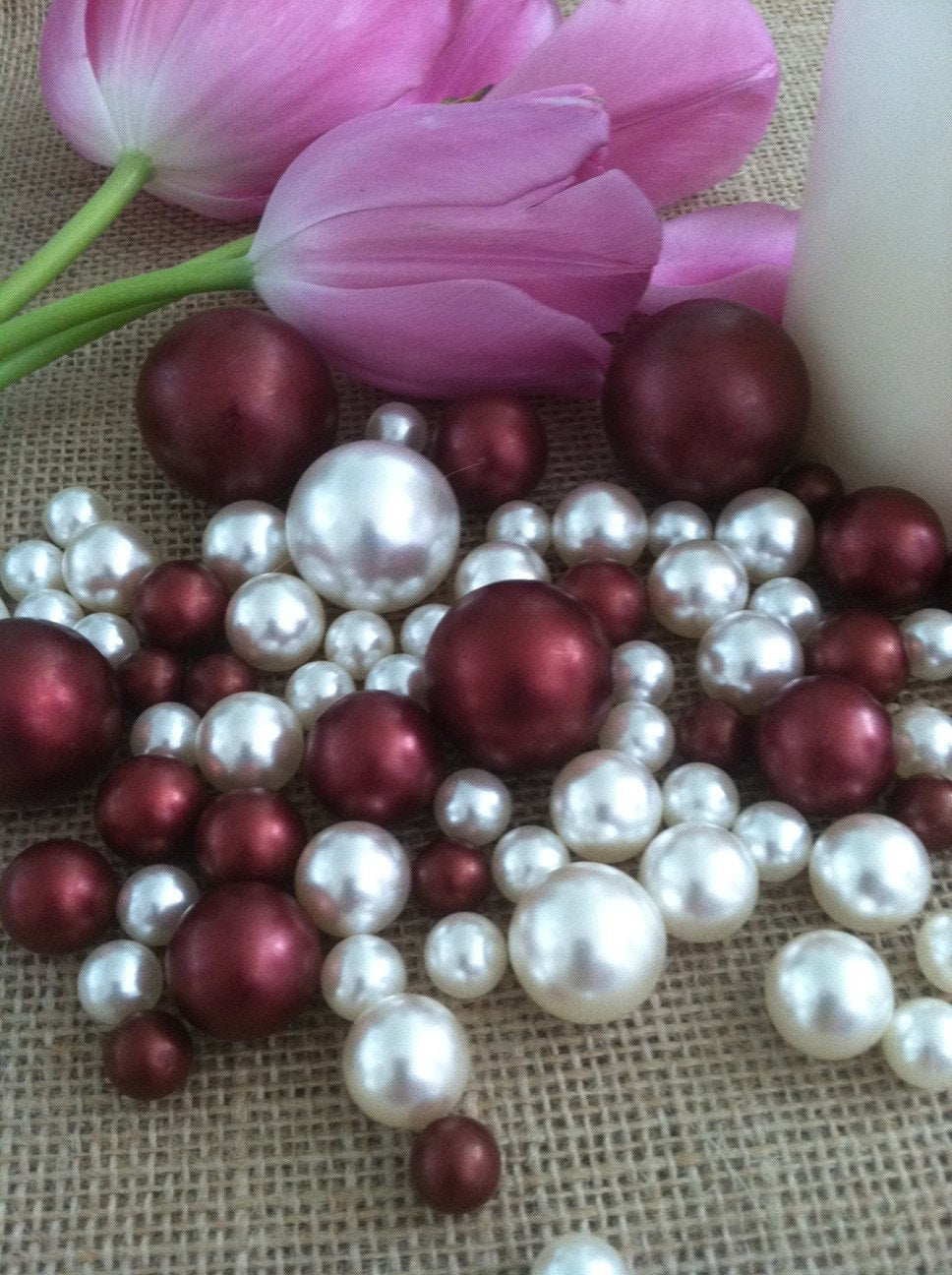 Ivory/Burgundy (red wine) Jumbo Floating Pearls For Vase Fillers/Wedding Centerpiece, Table Confetti, Scatters