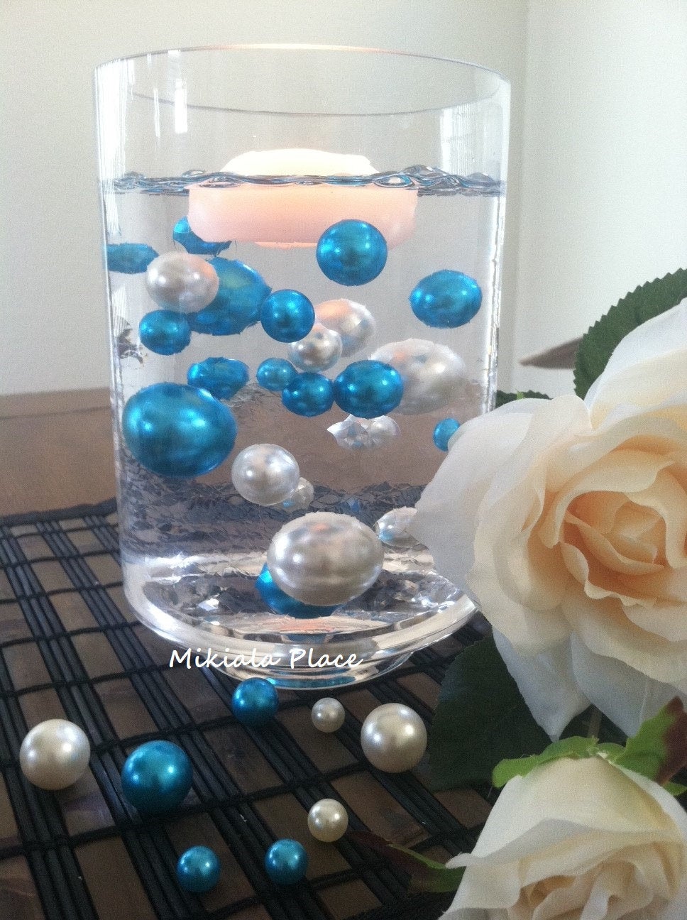 Elegant Teal Blue/Ivory Floating Jumbo Pearls Vase Fillers/Wedding Centerpiece, Table Confetti, Scatters