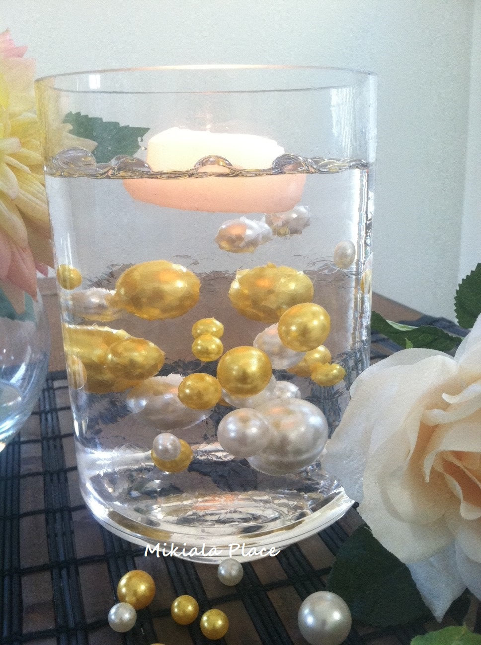 Golden Anniversary Elegant Floating Jumbo Pearls Ivory/Gold Yellow Vase Fillers/Wedding Centerpiece, Table Confetti, Scatters