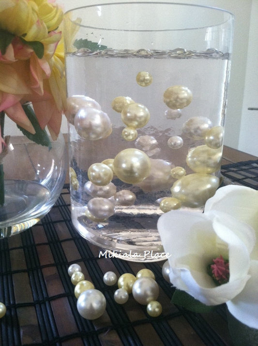 Elegant Floating Jumbo Pearls, Vase Filler Jumbo Pearls Ivory/Light Yellow Mix Size For Wedding, Birthday, Shower Table Decors