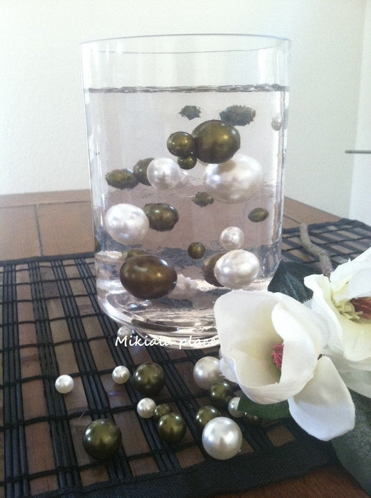 Vase Filler Jumbo Pearls Ivory/Sage-Olive Green Assorted Sizes 30mm,24mm, 18mm, 14mm, 10mm For Wedding/Table Decor