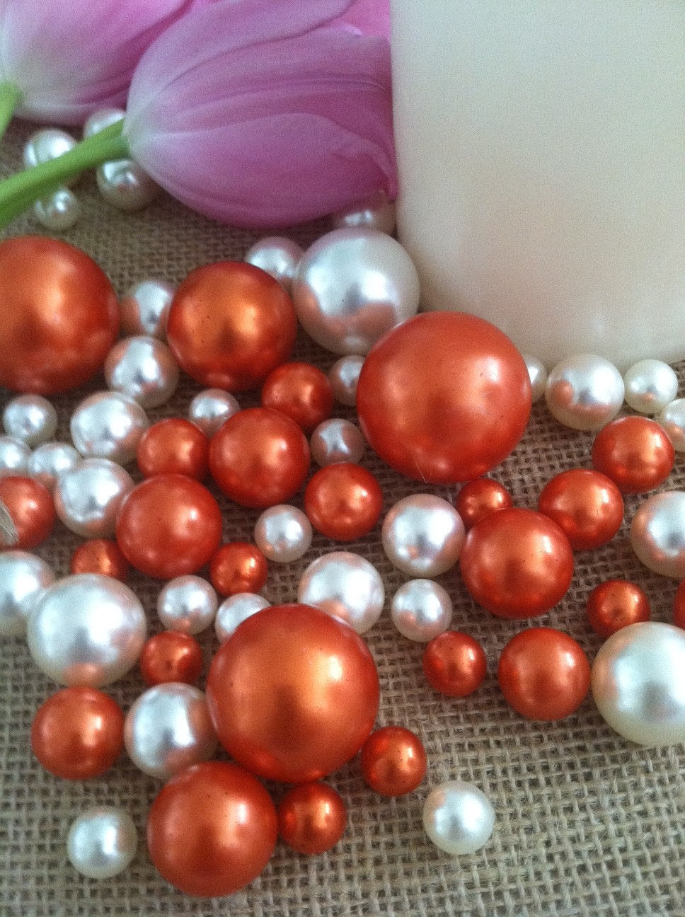 Wedding Centerpiece Vase Filler Jumbo Pearls Ivory/Coral-Orange, No Hole Pearls, Great For Scatters/Confetti