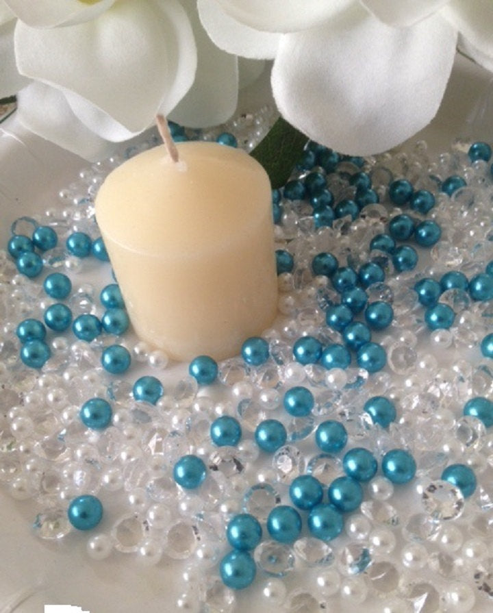 Diamonds & Pearl Mix White/Teal Blue Pearl, Clear Diamonds For Candle Votive Fillers, Table Scatter/Confetti and wedding decors