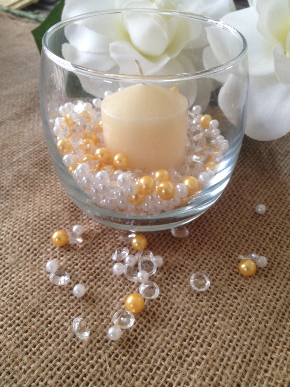 Diamonds & Pearl Mix White/Gold Pearl, Clear Diamonds For Candle Votive/Wine Glass Fillers, Table Scatter/Confetti and wedding decors