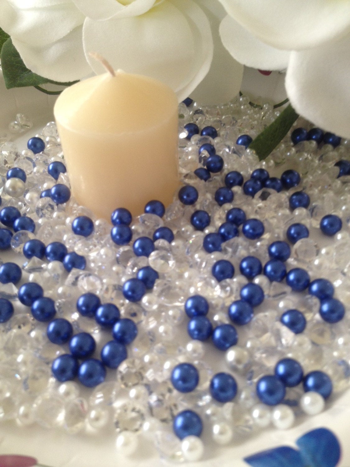 500 Pcs Pearls & Diamond Mixes Ivory/Royal Blue Pearl, Clear Diamonds For Candle Votive Fillers, Table Scatter/Confetti and wedding decors