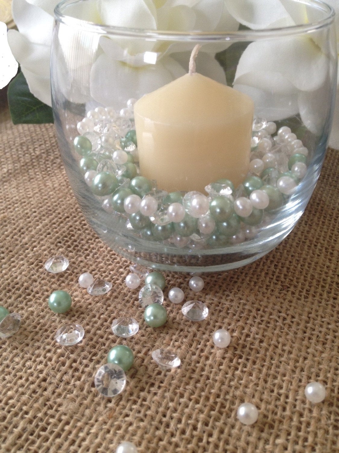 500 Pcs Pearls & Diamond Mixes Seafoam Green/White, Clear Diamonds For Candle Votive Fillers, Table Scatter/Confetti and wedding decors