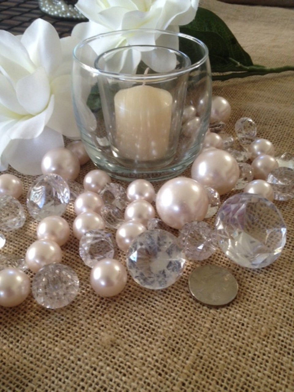 Blush Pink Pearls And Jumbo Diamond Mix For Table Scatters, Vase Fillers Decors For Wedding And Home Accent