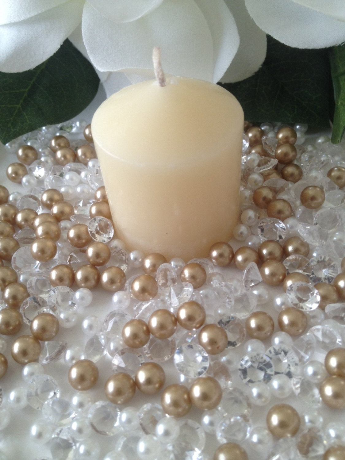 500 Pcs Pearls & Diamond Mixes Ivory/Champagne Pearl, Clear Diamonds For Candle Votive Fillers, Table Scatter/Confetti and wedding decors